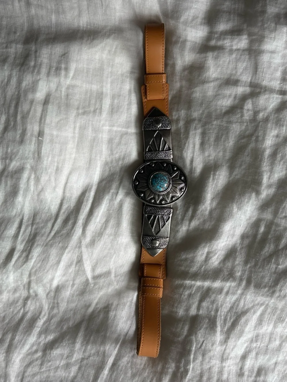 Vintage Tan Leather Belt with Turquoise Accent